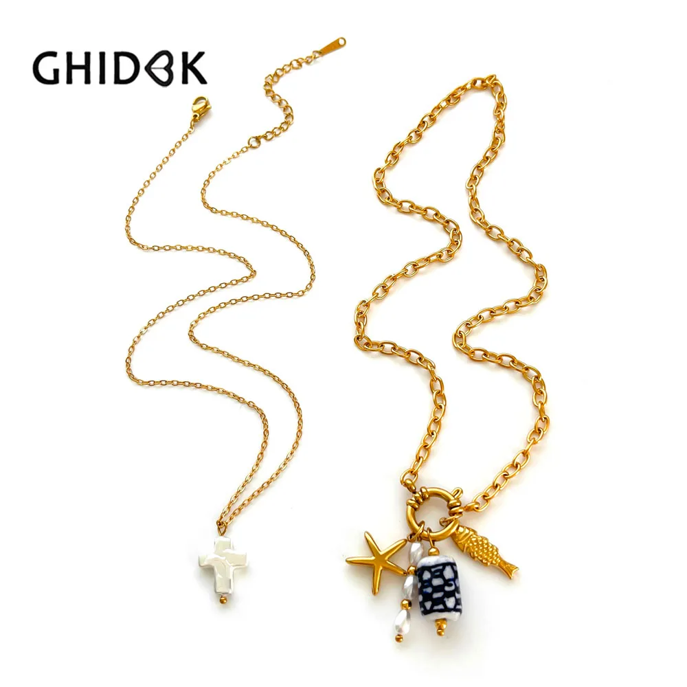 GHIDBK الفولاذ المقاوم للصدأ نجم البحر السيراميك تقليد اللؤلؤ معدن صغير الأسماك الصليب قلادة قلادة عصرية فريدة من نوعها هدايا النساء