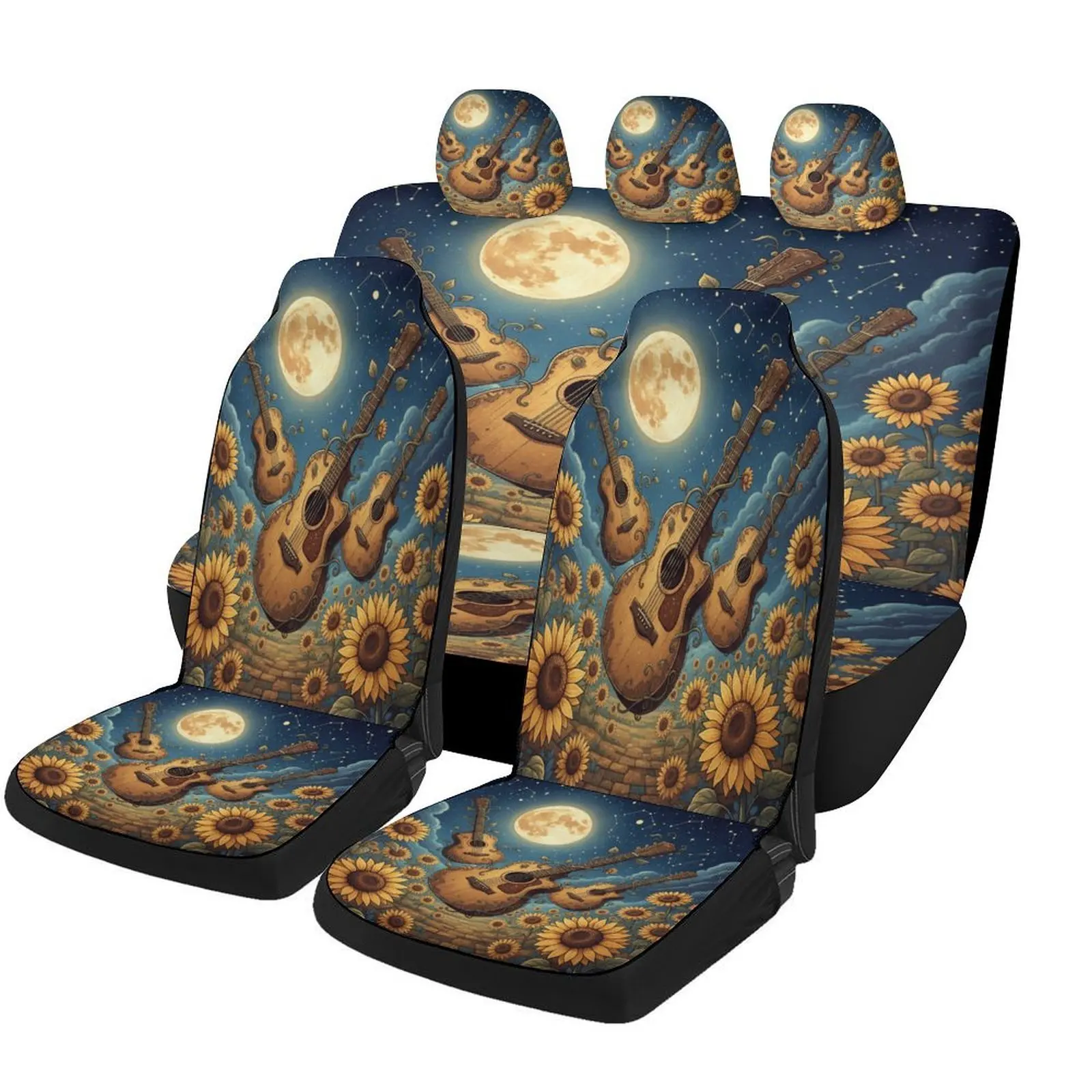 Car Seat Covers Featuring Moonlit Guitars In A Sunflower Field, Suitable For Various Vehicles. This Stylish And Breathable Full