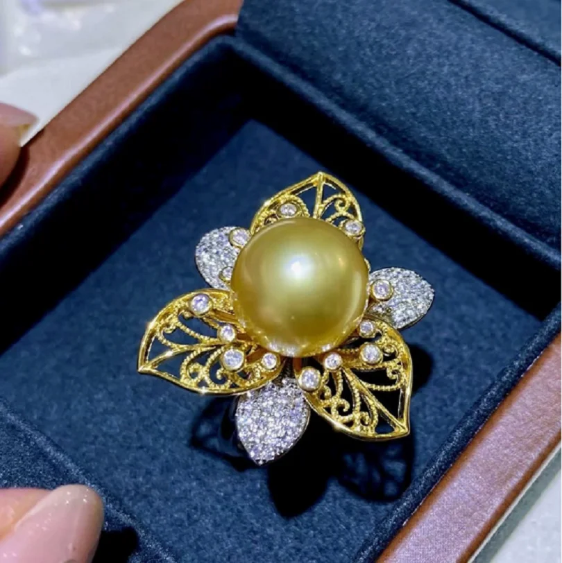 

Gorgeous AAAAA 11-12mm Genuine Natural South Sea Golden Round Pearl Ring 925S