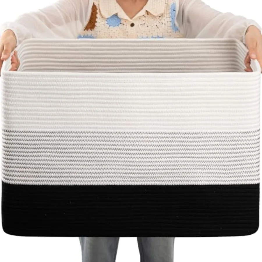 

108L Large Cotton Rope Basket, Rectangle Woven Baskets for Storage, Nursery Blanket Storage Living Room, Toy Basket With Handle