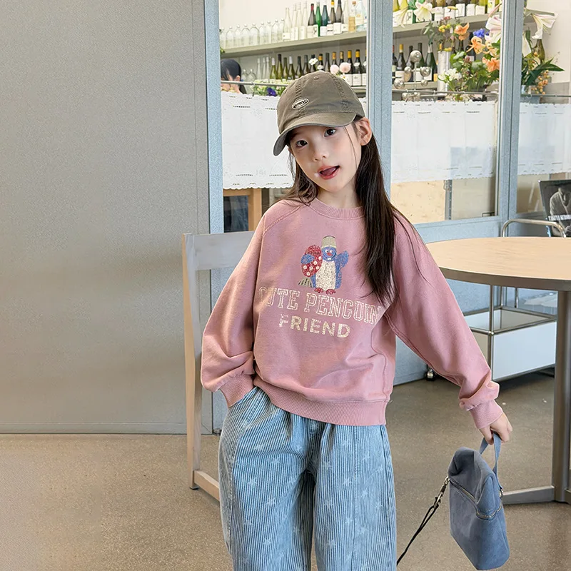 New Children's Clothing with Washing and Heavy Printing and Dyeing, Soft and Thick Texture, Pink and Fun Penguin Hoodie Clothing