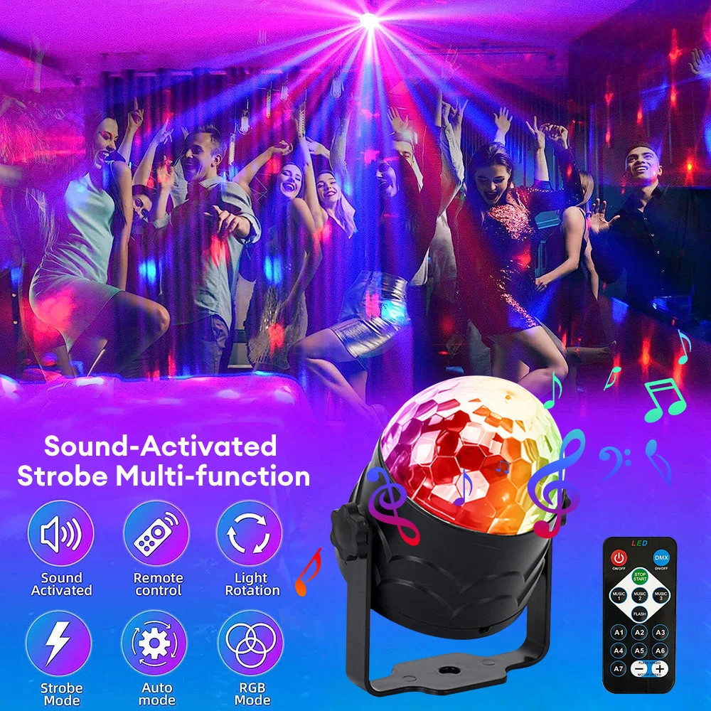 Luz de Palco USB RGB com Controle Musical, Mini Bola Mágica, Disco Estroboscópico, Lâmpada Atmosférica, Decoração para Família, 7 Modos de Iluminação