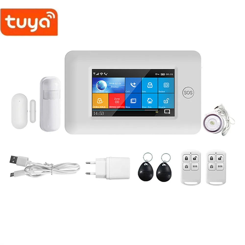 4.3Inch IPS Screen Tuya Smart Life WIFI  4G/GSM Alarm System Touch Keypad  Burglar Alarm Kit PIR Detector Motion Sensor