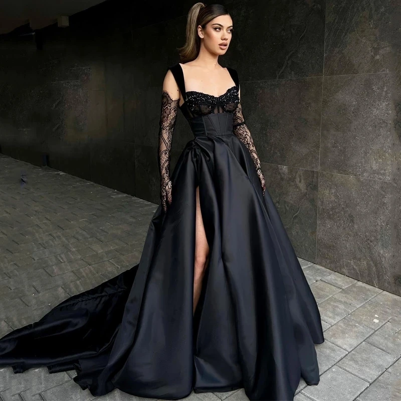 customized A-Line Prom Dresses Black Beadings Evening Party Gowns High Split Without Gloves Plus Size Formal Occasion Dresses