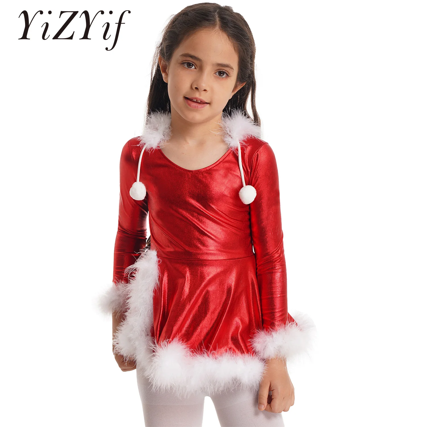 Kids Girls Shiny Metallic Figure Skating Dress Girl Ballet Leotard Dancewear Hooded Long Sleeves Christmas Performance Costume