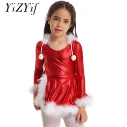 Kids Girls Shiny Metallic Figure Skating Dress Girl Ballet Leotard Dancewear Hooded Long Sleeves Christmas Performance Costume