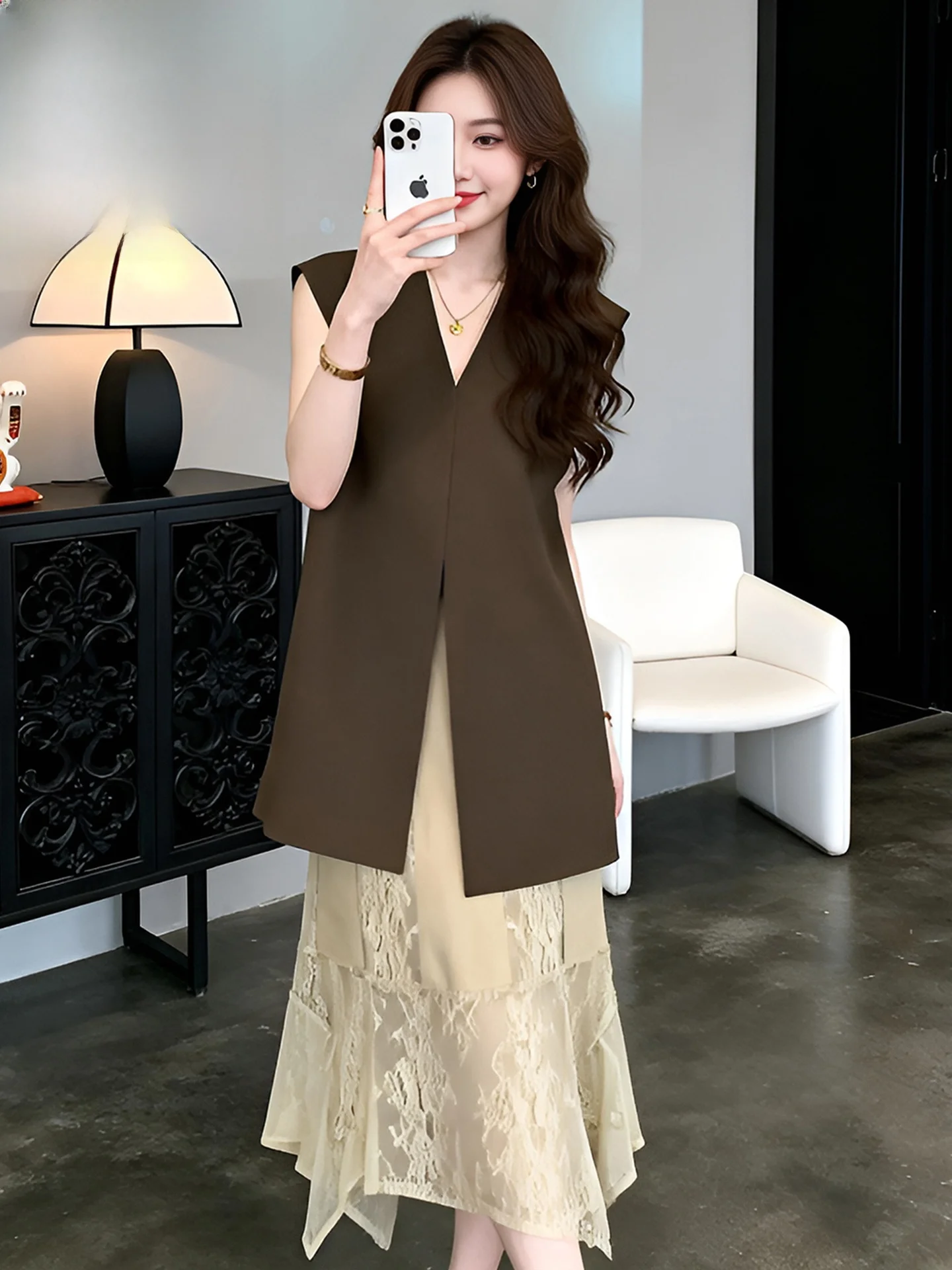 Elegant V-Neck Two-Piece Set Women's Fashion Summer Outfit Midi Skirt Tank Top Ensemble Non-Repeating High-Quality Ensemble
