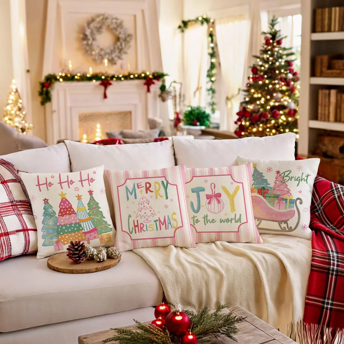 Pink Striped Christmas Tree Sleigh Quote Print Pillow Covers Set of 4, Winter Holiday Cushion Cases for Sofa Home Decor