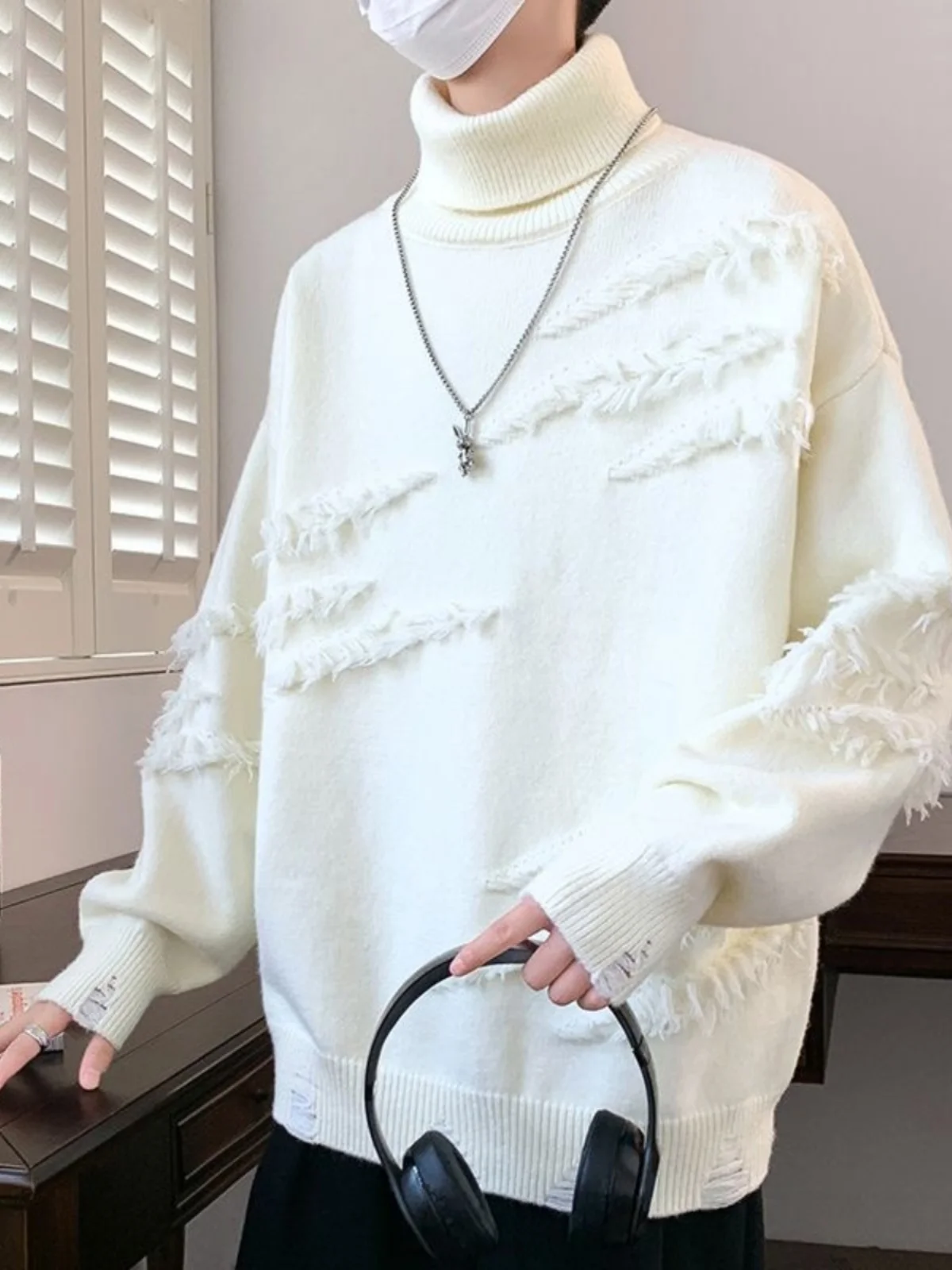 

Loose High Collar Men's Knitted Sweater White Autumn Winter Lazy Sle Base Layer irt Trendy INS Couple Matching Sweater