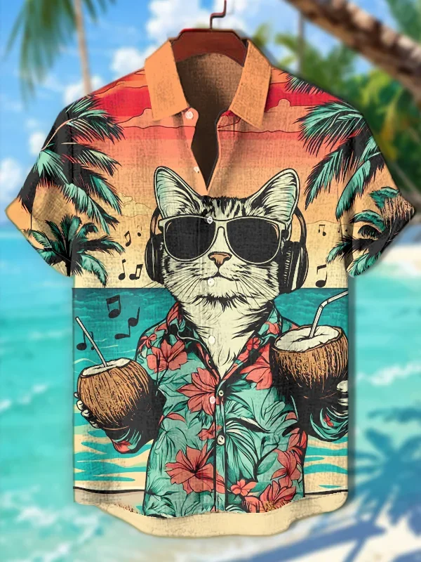 

Popular Men's Funny Laser Cat Dinosaur Art 3d Print Shirts Casual Holiday Hawaiian Shirt Summer Women Short Sleeve Lapel Shirts