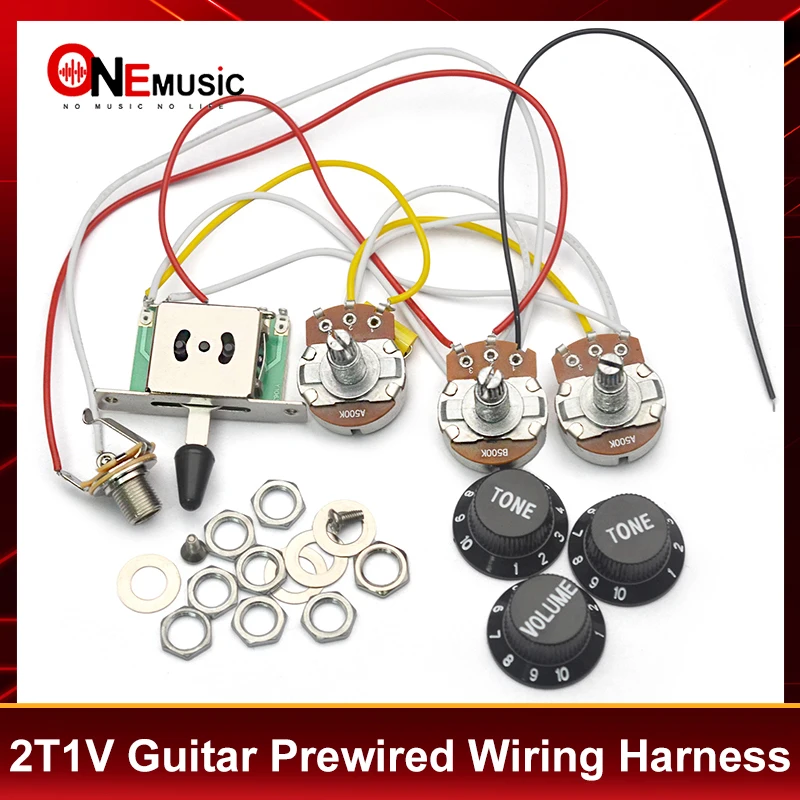 2T1V Guitar Wiring Harness Prewired Circuit 5 Way Switch 500K Pots and Axial Capacitor 473J with 6.35 Jack Output and T/V Knob
