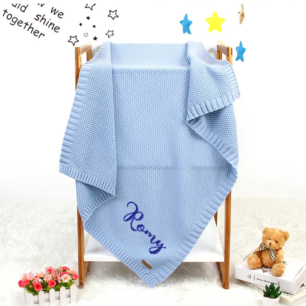 Customized Baby Blanket Embroidered Name Stroller Blanket Newborn Baby Gift Soft Breathable Cotton Knited Blankets for Kids