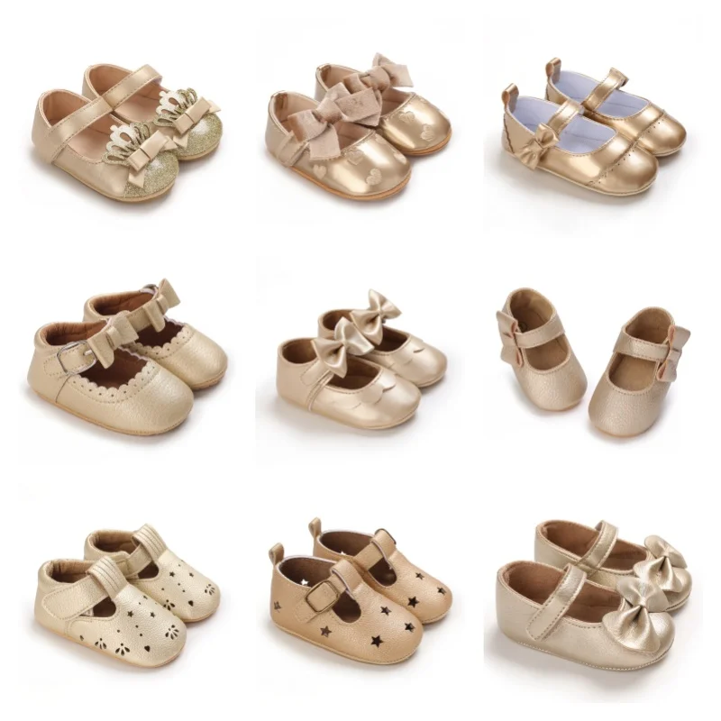

Retro Princess Baby Girl Walking Shoes Gold Series Elegant Bow Newborn Sole Comfortable Footwear for Girls