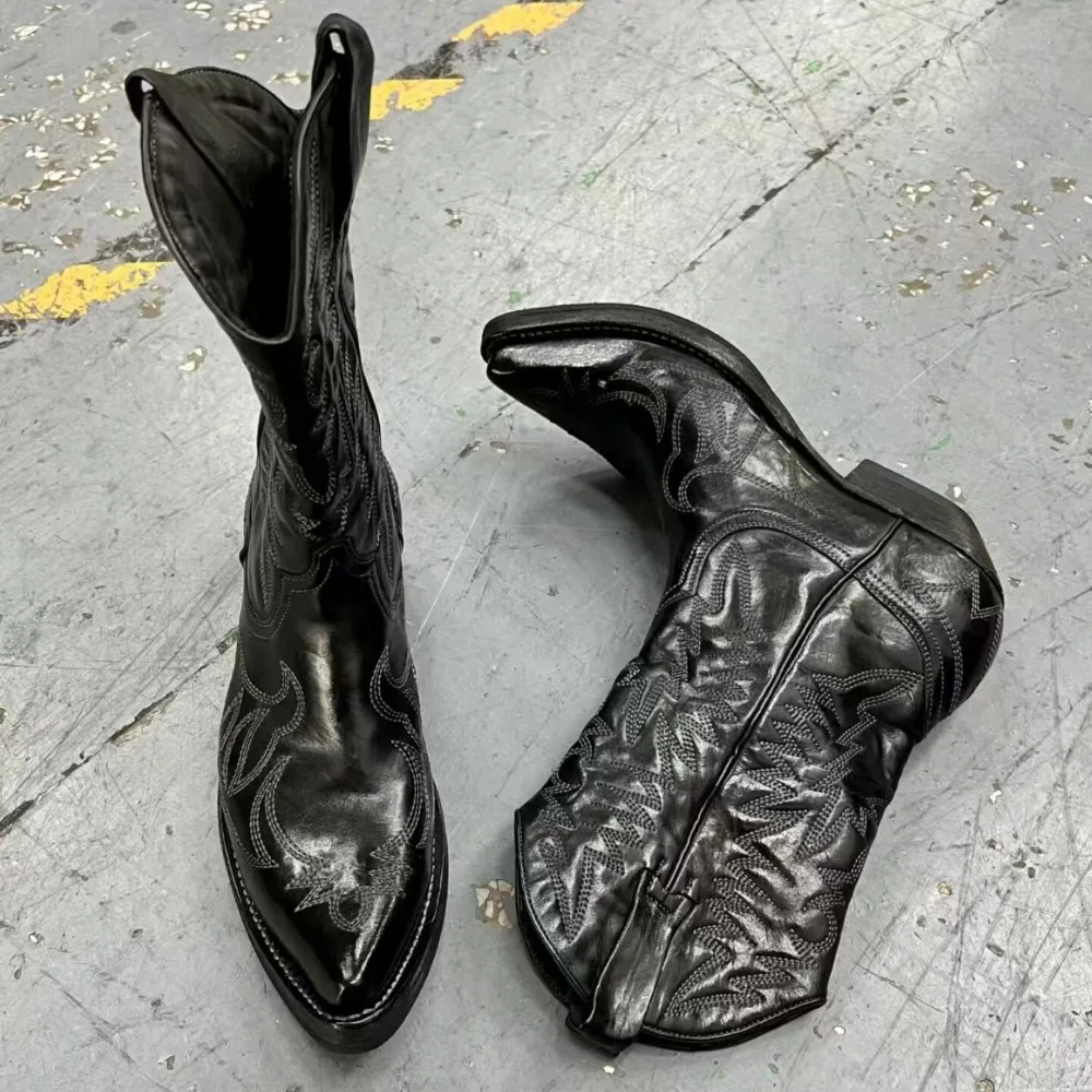 Men's Fashion Embroidered Flame Colorblocked Motorcycle Boots Pointed Toe Thick-Heel Knight Knee High Western Chelsea Boots