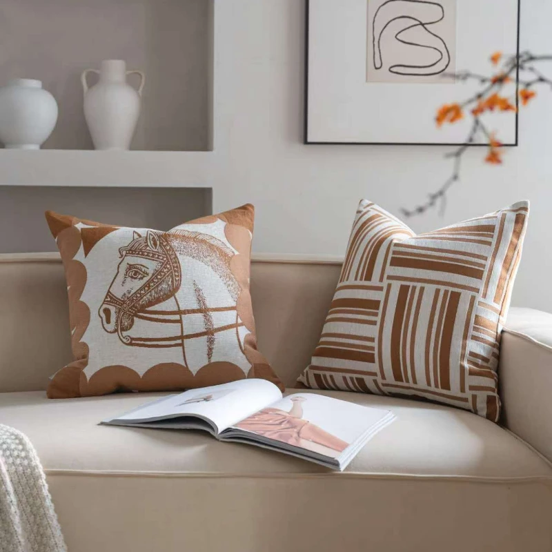 Premium Orange Brown Geometric Jacquard Yarn-dyed Cushion Case Modern Square Luxury Pillow Covers Decorative Decor Home