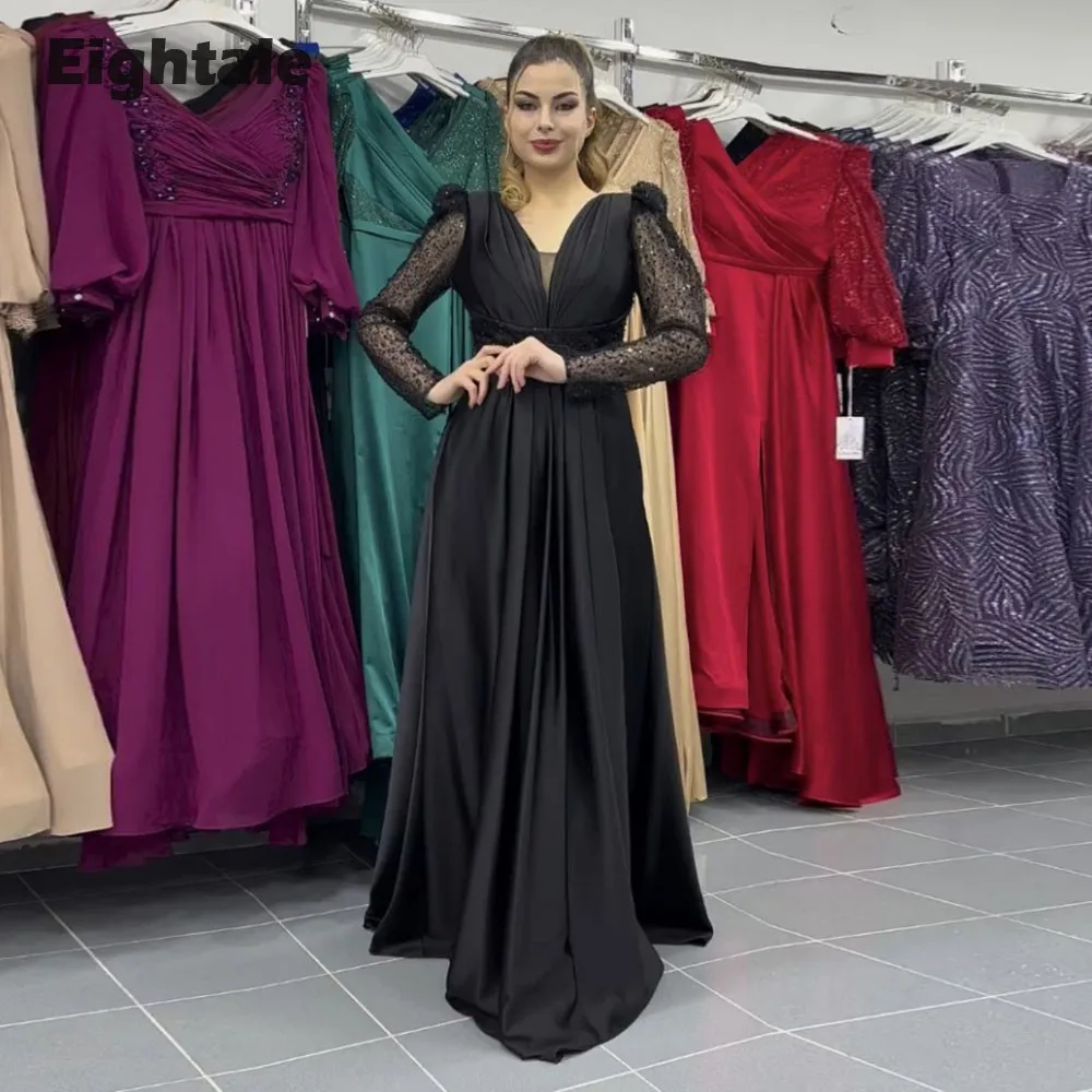 

Eightale Black Evening Dress Satin V-Neck Sequin Long Sleeves Formal Arabic Prom Gown Wedding Party Dress Vestidos De Noch