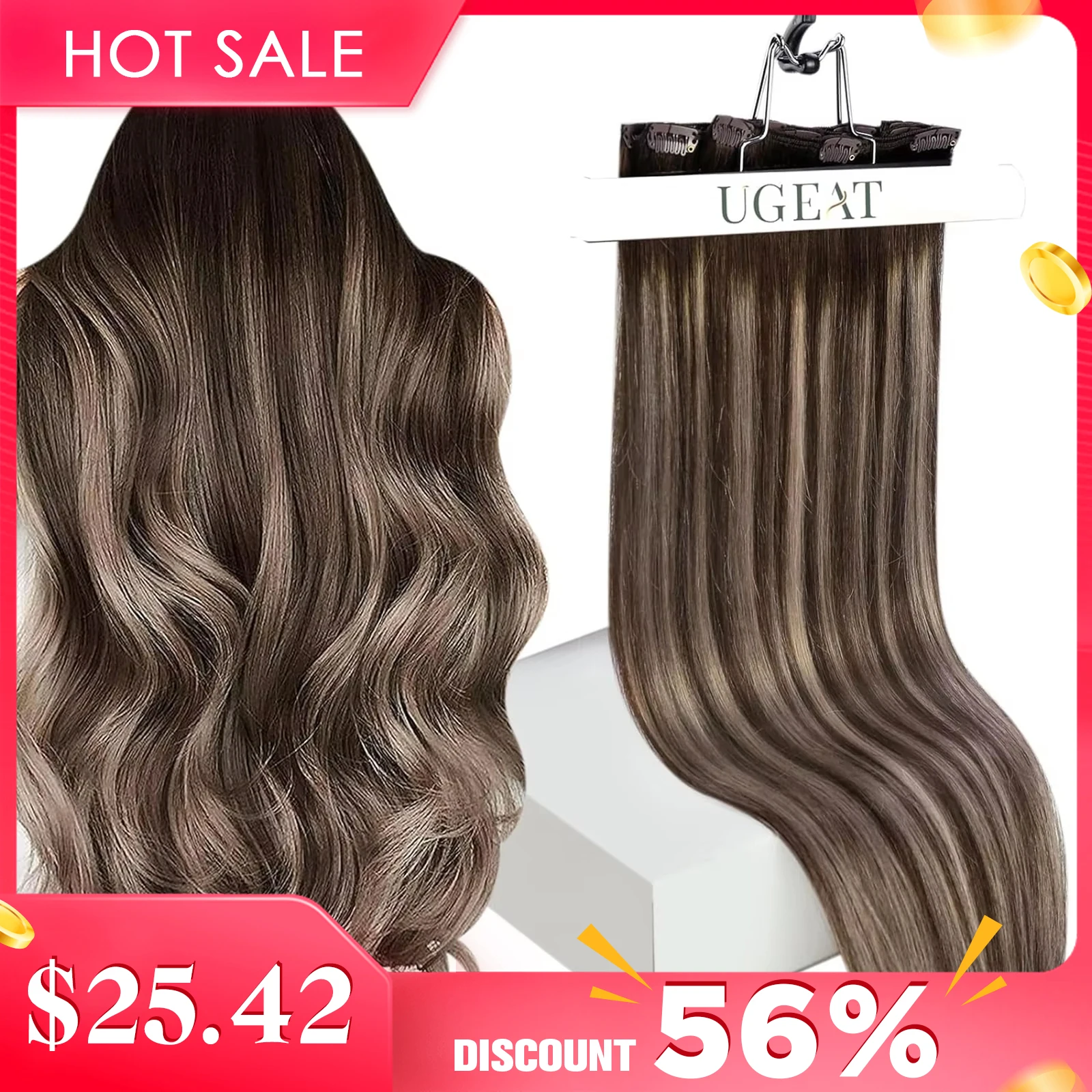 【NEW】Ugeat Clip In Human Hair Extensions Natural Hair Highlight Blonde Color Full Head Balayage Hair Extensions 5pcs/7pcs