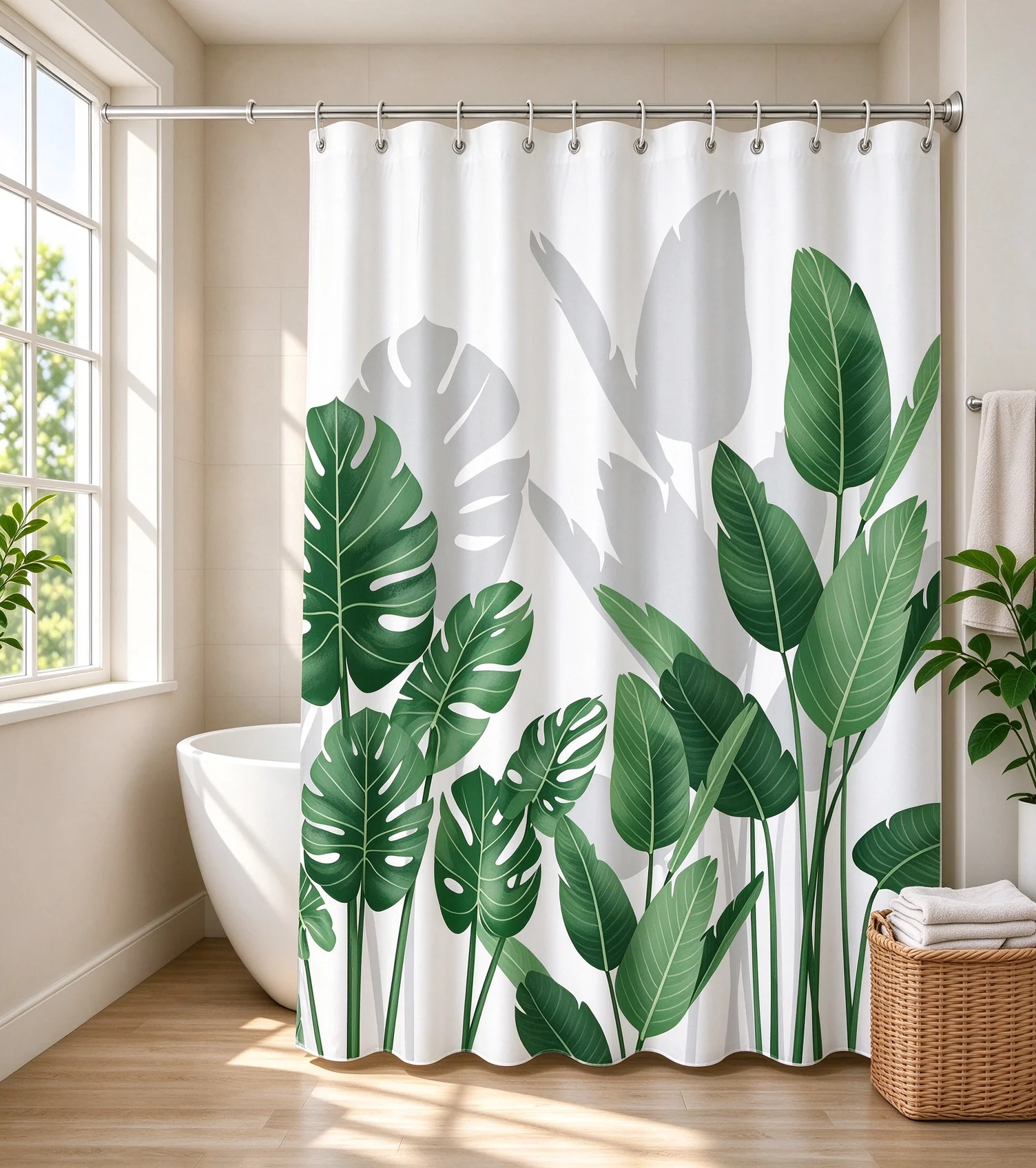 Tropical Monstera Banana Leaf Shower Curtain Green Palm Leaves Shadow Print Waterproof Polyester Bathroom Curtain Home Decor