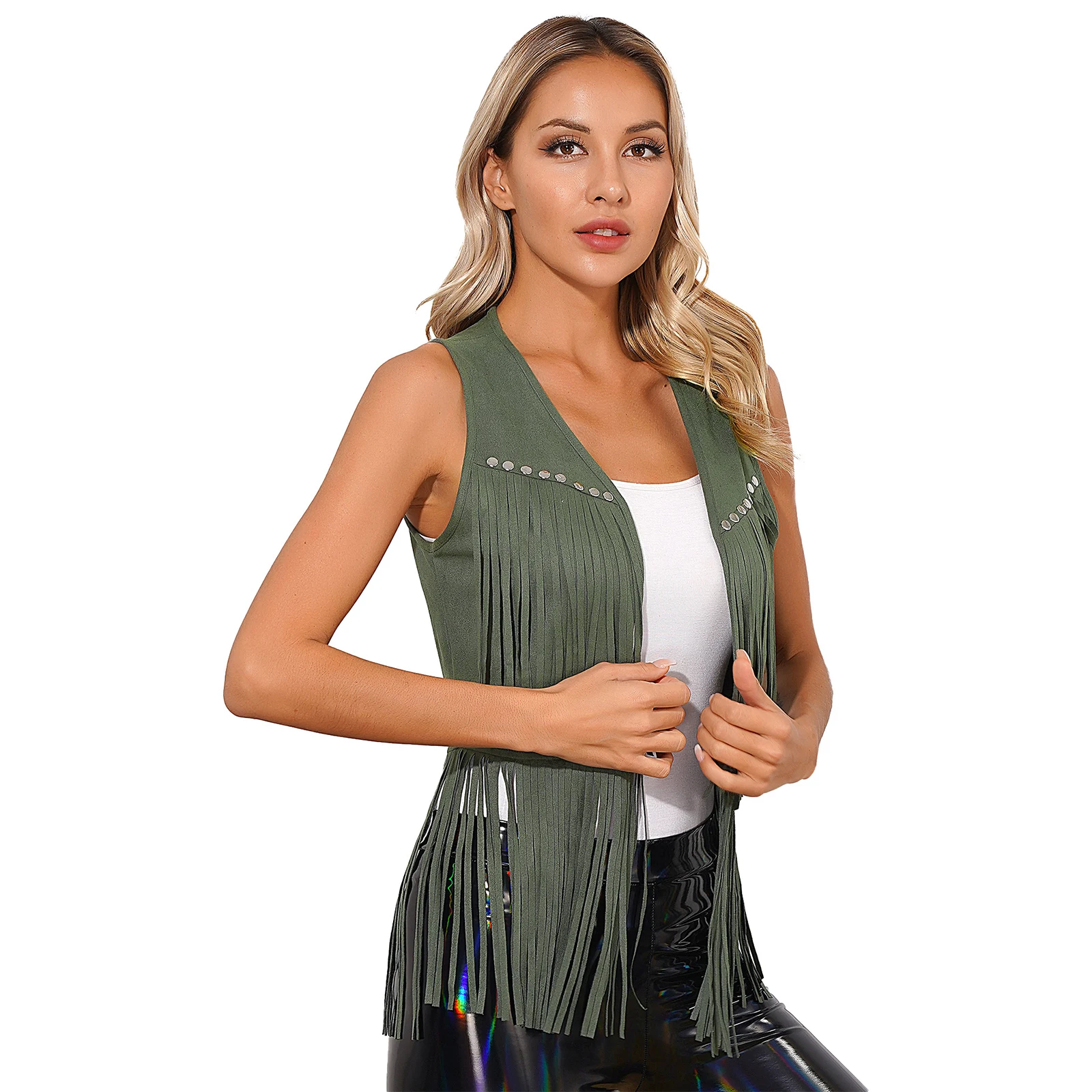 Womens Cowgirl Waistcoat Tops Vintage Faux Suede Tassel Vest Fashion Rivets Fringe Waistcoat Open Front Sleeveless Jacket Tops