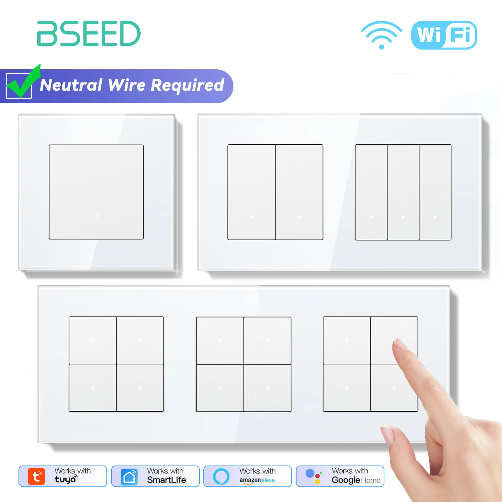 BSEED WIFI Light Switch 1/2/3/4Gang 2Way Smart Click Button Switch Glass Panel White LED Indicator Tuya Smart Life Alexa Control