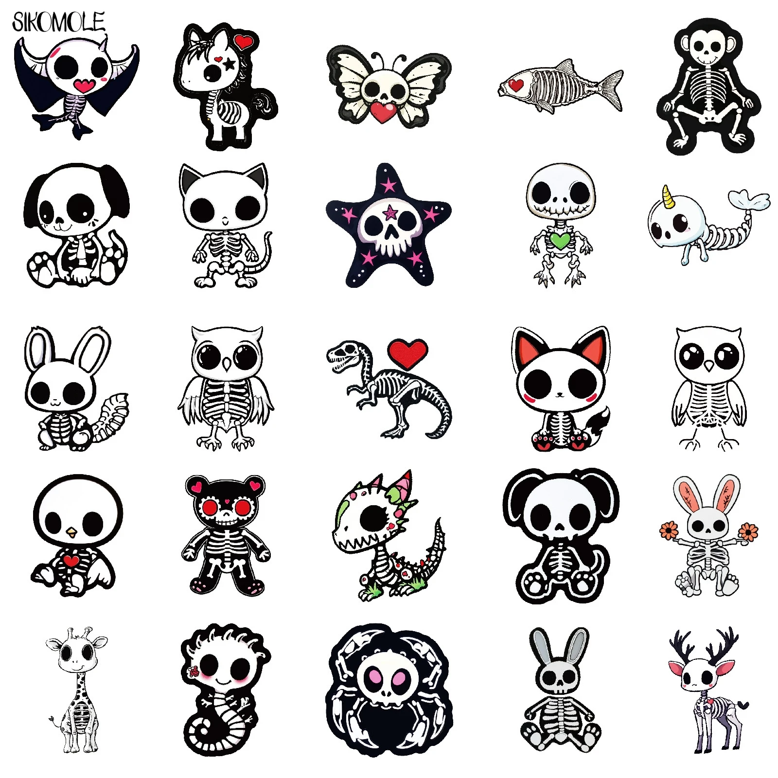 10/30/50 PIÈCES Mignon Dessin Animé Animaux Squelette Crâne Autocollants Esthétique Autocollant Ordinateur Portable Téléphone Bagages Scrapbook Voiture Graffiti Autocollant