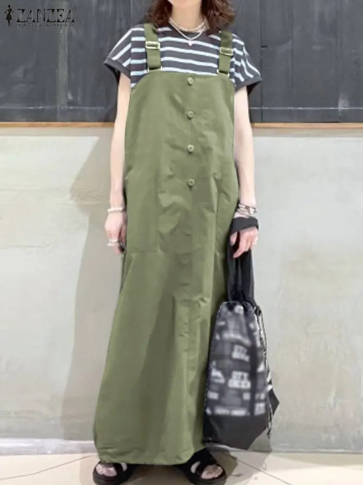 ZANZEA Streetwear Suspender Skirt Fashion Women Buttons Long Dresses 2024 Summer Oversized Pocket Overalls Casual Loose Sundress