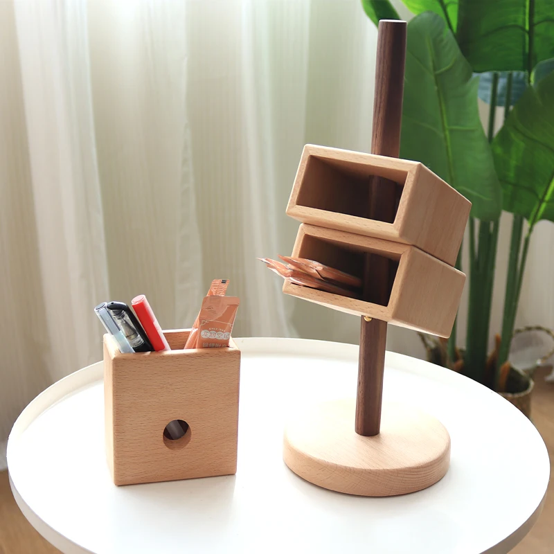 Inclined Vertical Three-Box Solid Wood Multi-Functional Pen Holder Creative Study Desktop Stationery Organizer