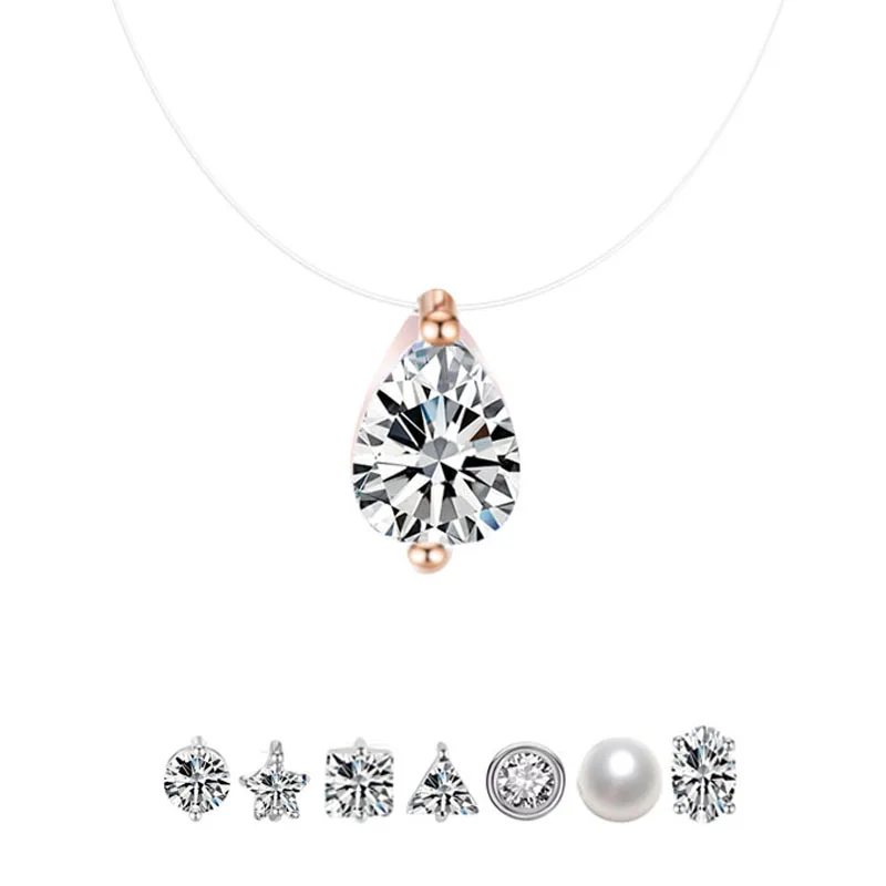 Luxury Cubic Zirconia Pendant Necklace Women Invisible Transparent Fishing Line Choker Oval Heart Star Geometric Necklaces
