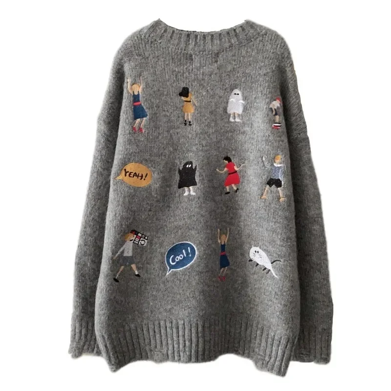 Hikigawa American Design Sweaters Cartoon Embroidery Soft Pullovers Women Autumn Winter Loose Lazy Age Reduction Knitting Top