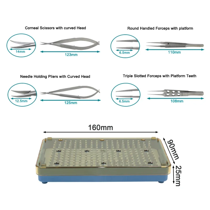 Ophthalmic Curved Scissors Needle Holders Triple Slotted Forceps Platform Tweezers Disinfection Case Box Stainless Steel