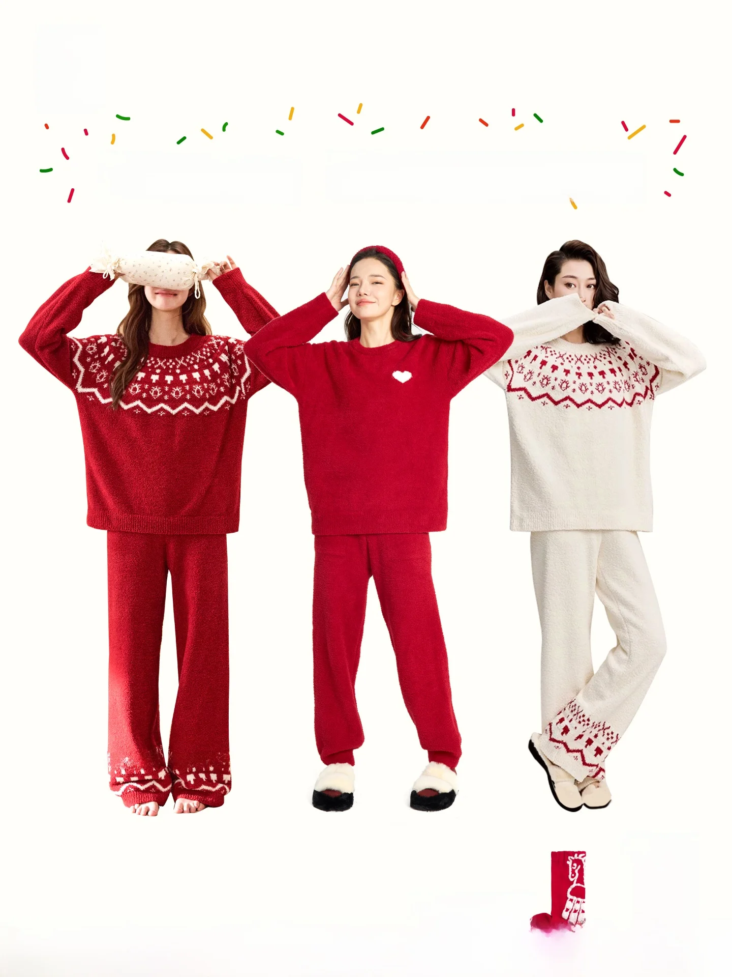 

Red f-velvet Home Clothes Set Thi Warm New Year Gift Winter Spwear Casual Sle Long Sve round Ne ket Design