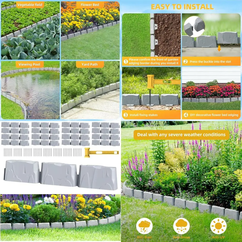 

24FT Flexible Plastic Landscape Edging with 48 Spikes, Gray Faux Stone Border for Lawn and Garden Weed Control