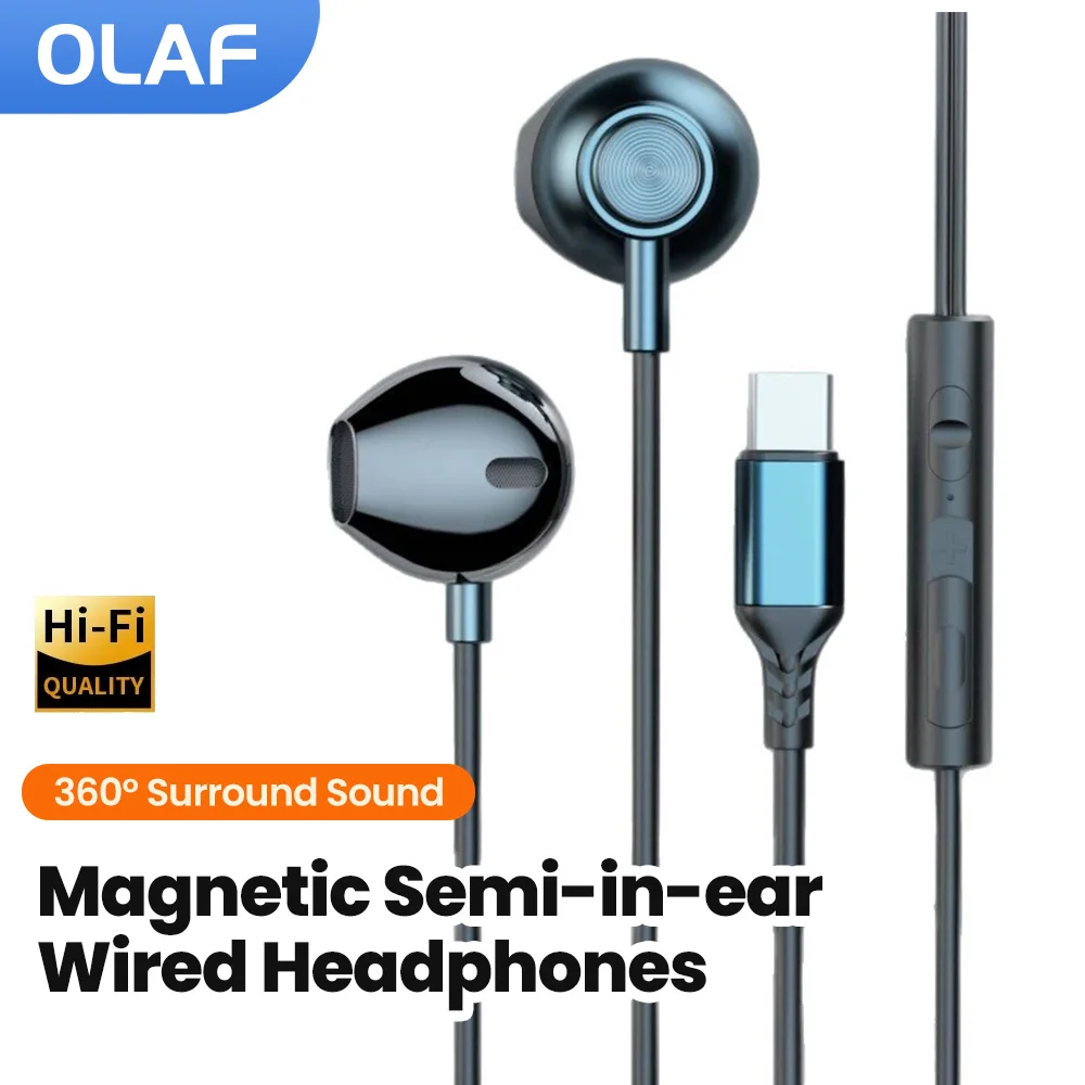 Type C/3.5MM Wired Headphones Magnetic in-ear Wired Headset With Microphone HD Calling Hifi Earphones for iphone 15 16 Samsung