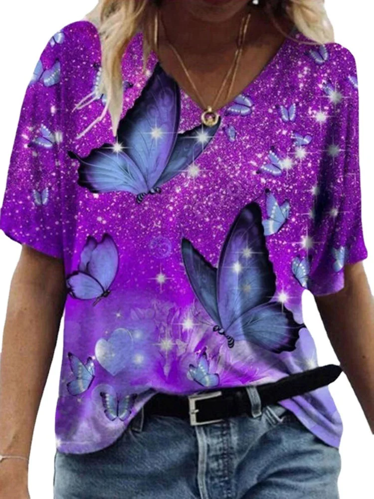 الصيف القط فراشة الأزهار ثلاثية الأبعاد المطبوعة النساء تي شيرت خمر الشارع الشهير تي شيرت موضة تيز Y2k الإناث الملابس المتضخم القمم