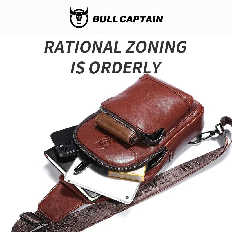 BULLCAPTAIN-Sac à bandoulière en cuir véritable pour homme, sac de poitrine multifonctionnel, cuir de vachette décontracté, initié rétro, téléphone portable, 7 po