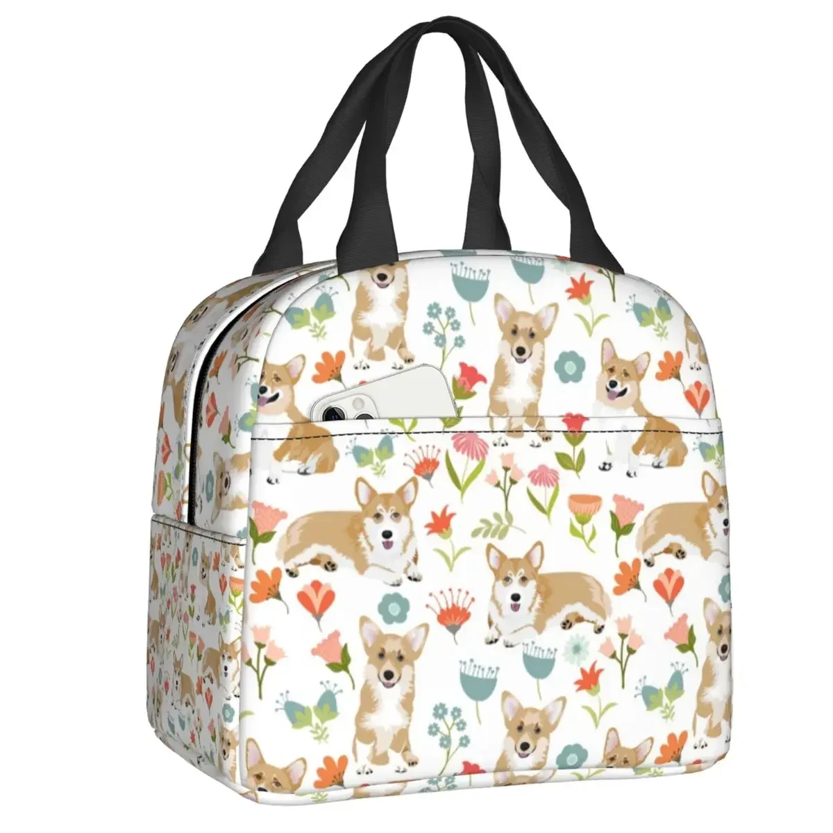 

Corgi Dog And Flower Resuable Lunch Boxes Women Waterproof Thermal Cooler Food Insulated Lunch Bag Kids School Children