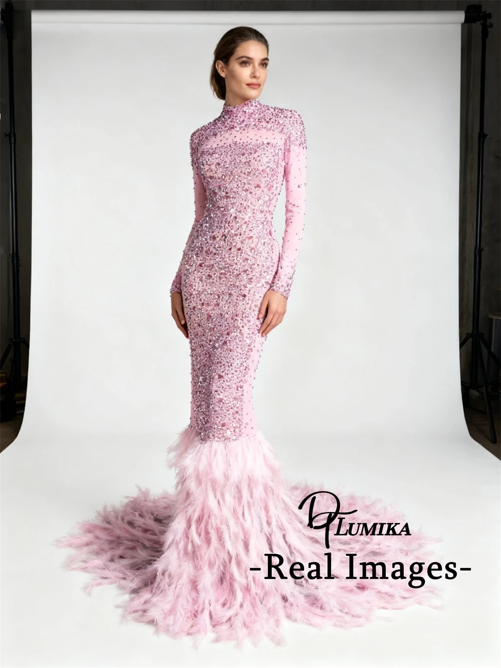 

DTLumika Luxury Feathers Maxi Dress for Women High Neck Mermaid Rhinestones Party Gowns Real Images Full Sleeves Formal Gowns