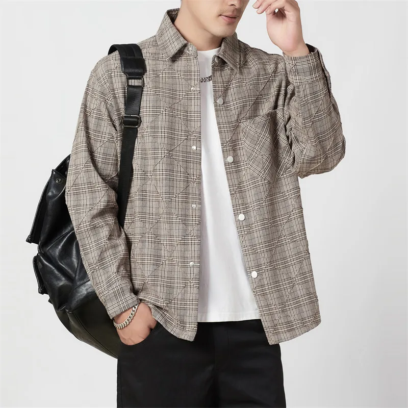 

Men Checked Pattern Thernal Shirt Gray Coffee Plaid Top Fleece Linning Turn Down Collar Long Sleeeve Cosy Attire Leisure Clothes