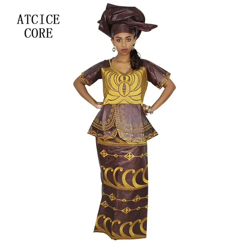 African New Design Bazin Embroidery Dresses Short Rapper With Scarf Three Pcs One Set