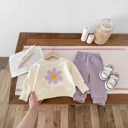 2024 Spring Autumn Baby Girls 2PCS Clothes Set Flower Printed Sweatshirts Solid Cotton Sweatpants Suit Toddler Girls Outfits