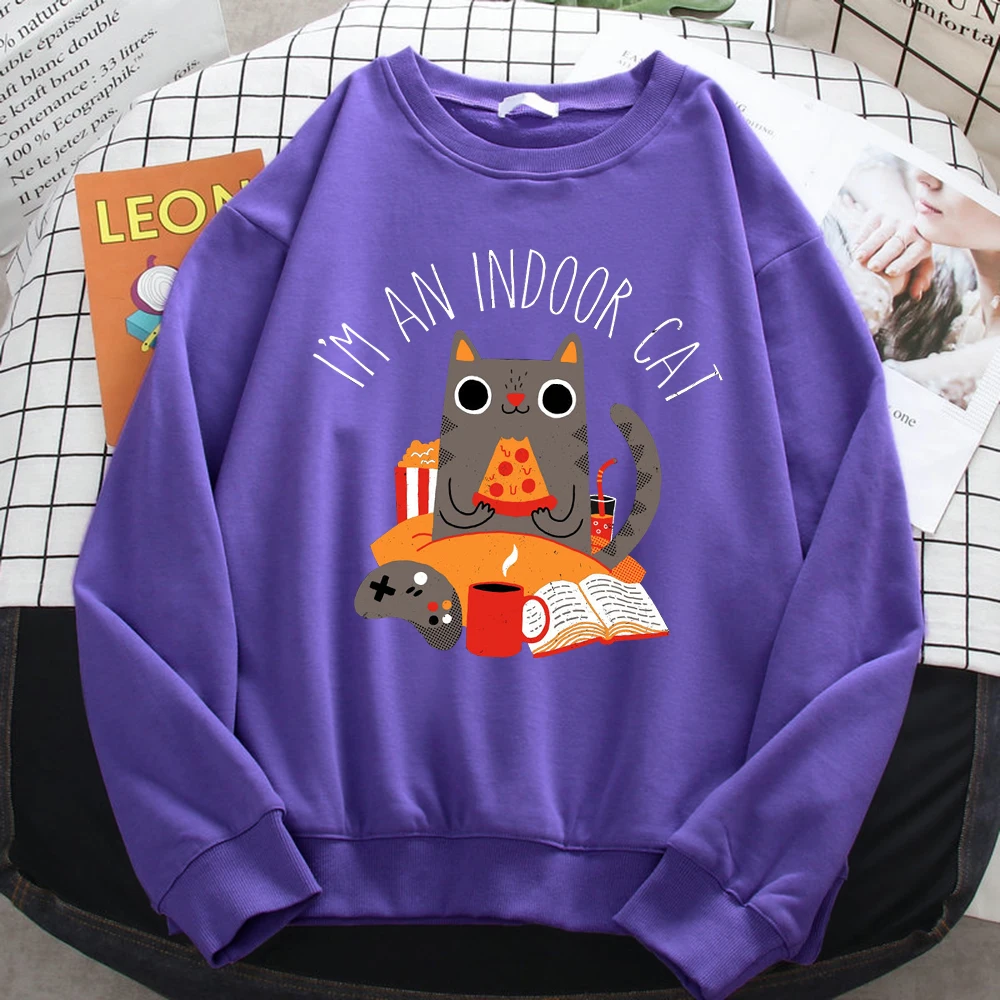 Street Women Sweatshirts Cat Sitting And Eating Pizza Printing Hoodies Comfortable All-Math Pullover Crewneck Loose Female Tops