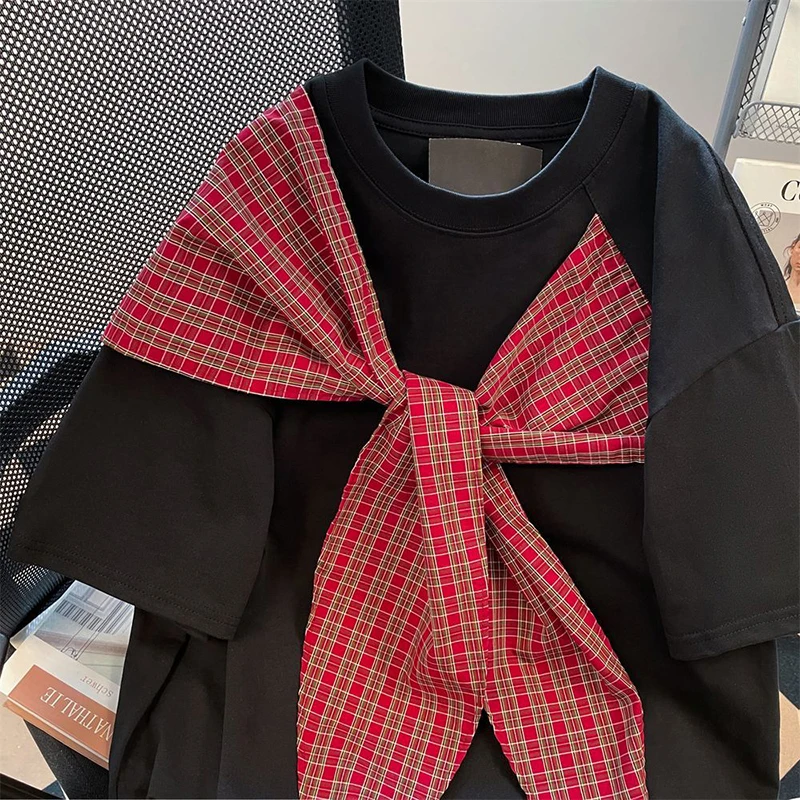 2026 Summer Retro Plaid Bowknot Fake Two-Piece T-shirt Men Women Casual Loose Short Sleeve Tops Streetwear Fashion Tees