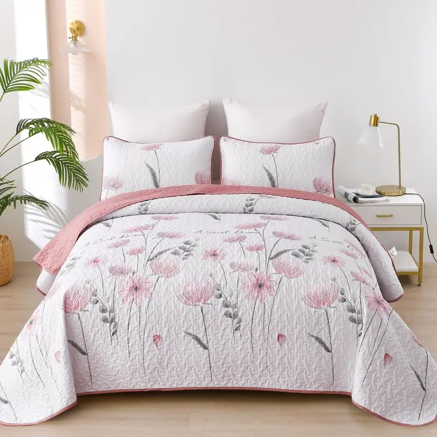 

Floral Quilt Set Queen,Pink Bedspread Queen Size 3 Pieces Lightweight Farmhouse Bedding Set Cute Quilts Soft Flower Bedspreads W