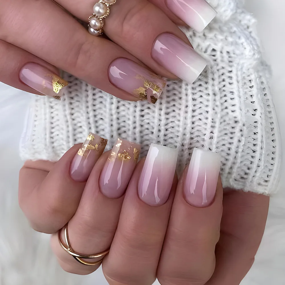 24枚入りミドルレングススクエアヘッドプレスオンネイル、ゴールデンシャイニーパウダーグラデーションフェイクネイル、取り外し可能なフルカバーネイルチップ