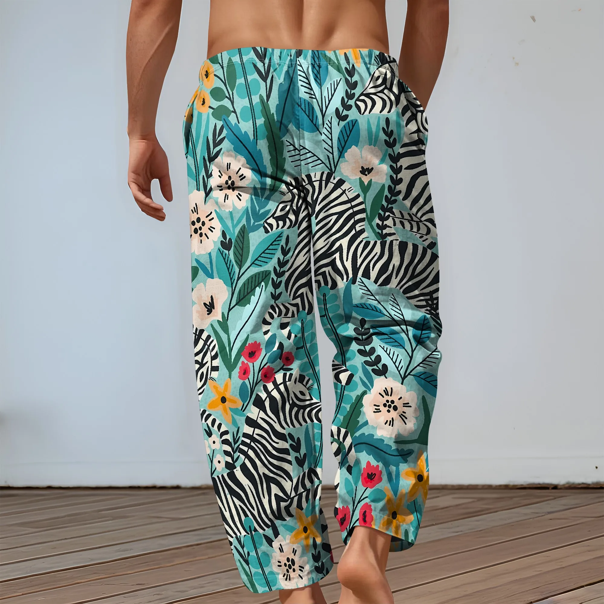 YEAE Colorful Tribal Geometric Patchwork Pants for Men Summer Casual Loose Drawstring Trousers