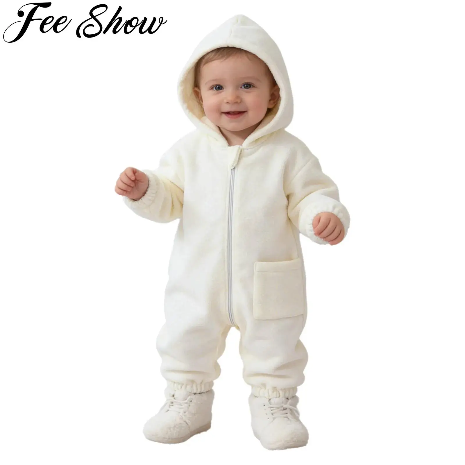 

Теплый флисовый комбинезон с капюшоном для маленьких мальчиков и девочек, комбинезон на молнии с длинными рукавами и карманами, одежда для новорожденных, зимний комбинезон, домашняя одежда