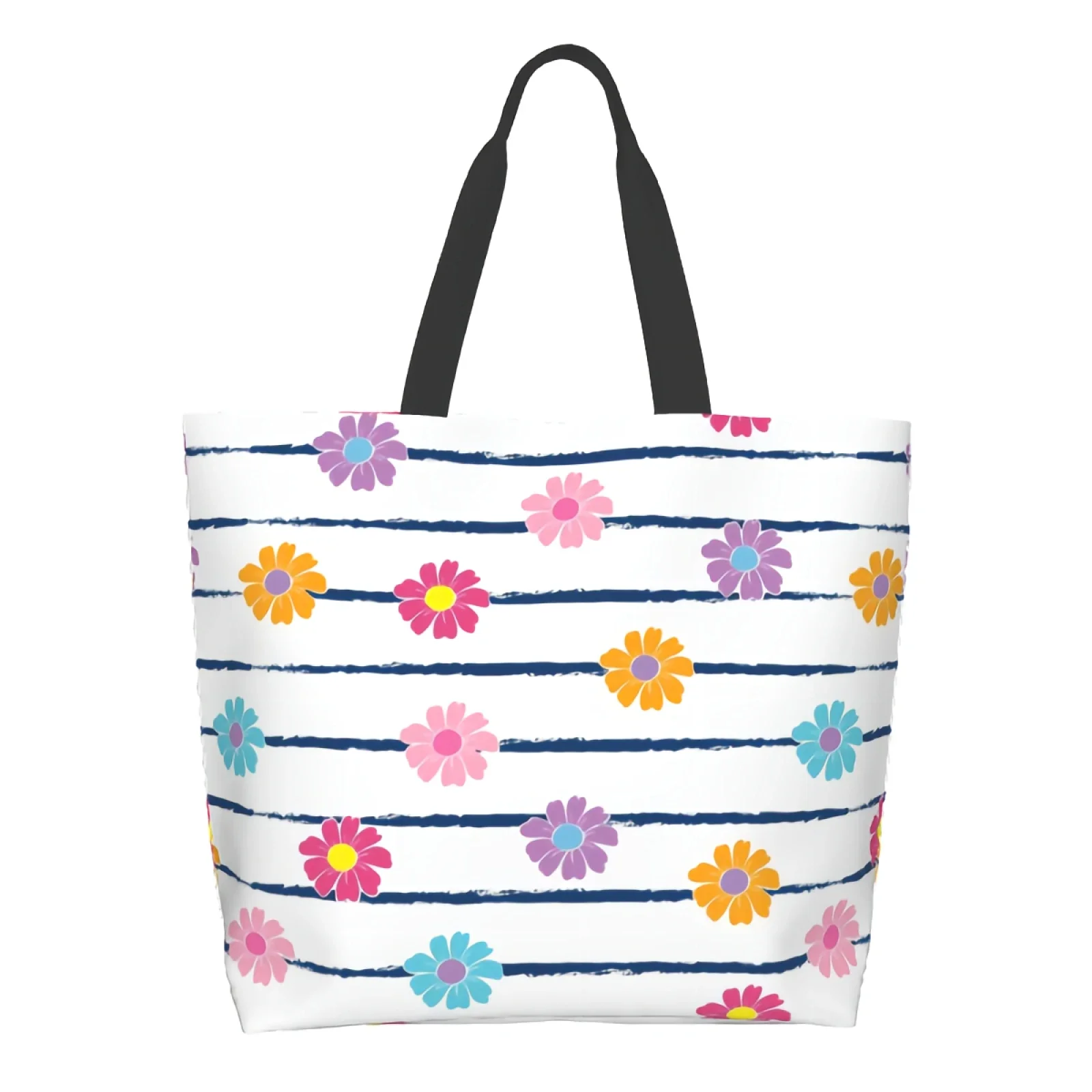 Cute Daisy Abstract Flowers Colorful Cartoon Floral White Black Stripes Canvas Tote Bag for Women Weekend Reusable Grocery Bags