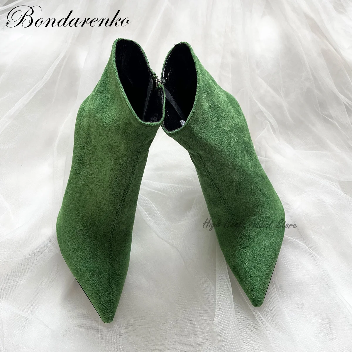 Women Green Real Leather Glass Heel Ankle Boots Black Suede Pointed Toe Chunky Zipper Gem Booties Luxury Designer Shoes