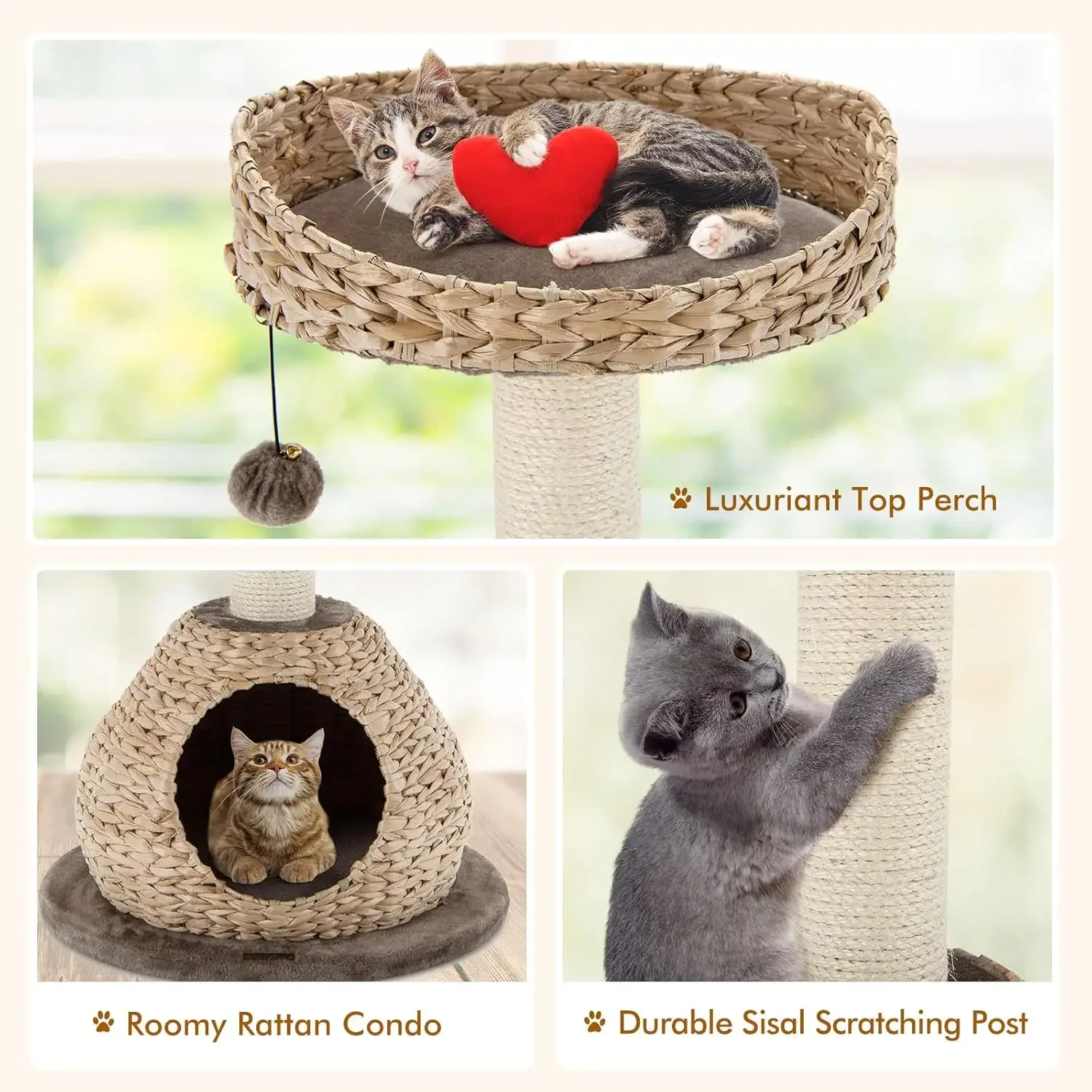 Modern Cat Tree Tower, Paper RopeNatural Bowl Shaped with Perch, Scratching Post, Rattan Cat Activity Tree for Kittens, 28