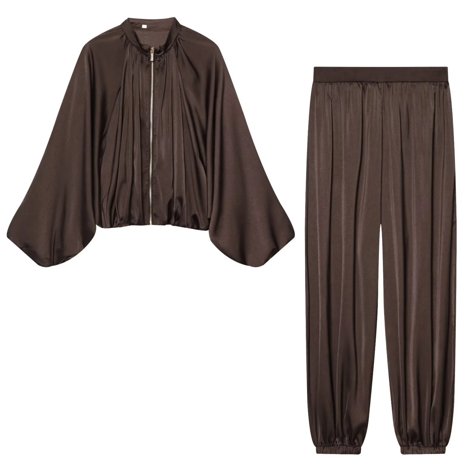 Women's Coffee Pleated Bubble Pants Sets Or Female Puff Loose Long Sleeved Jackets Top Or Lady High Waisted Casual Long Trousers
